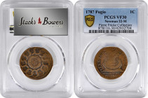 1787 Fugio Copper. Pointed Rays. Newman 22-M, W-7020. Rarity-5. STATES UNITED, 4 Cinquefoils. VF-30 (PCGS).

A notably scarce and condition sensitiv...