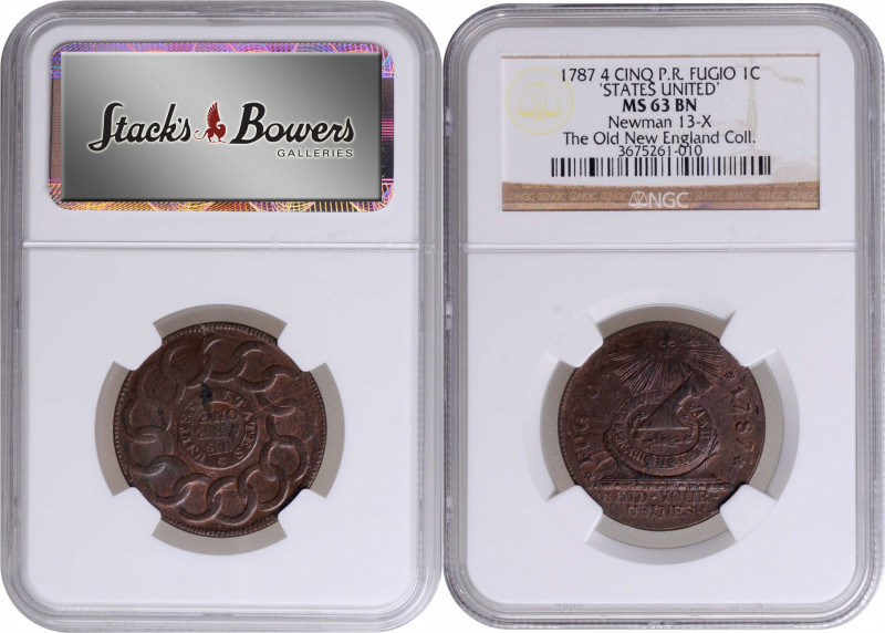 1787 Fugio Copper. Pointed Rays. Newman 13-X, W-6855. Rarity-2. STATES UNITED, 4...