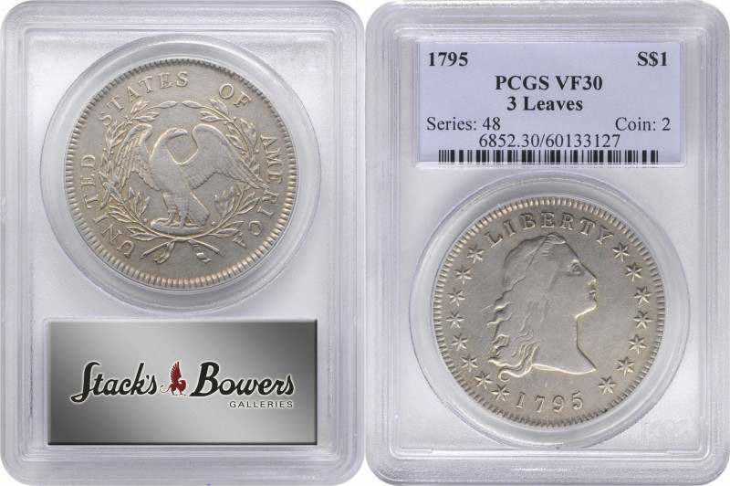 1795 Flowing Hair Silver Dollar. BB-27, B-5. Rarity-1. Three Leaves. VF-30 (PCGS...