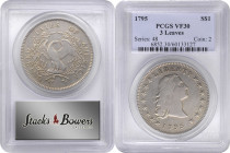 1795 Flowing Hair Silver Dollar. BB-27, B-5. Rarity-1. Three Leaves. VF-30 (PCGS).

Bright silver-gray surfaces retain a golden cast in the design r...