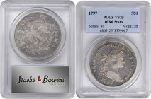 1797 Draped Bust Silver Dollar. BB-71, B-3. Rarity-2. Stars 10x6. VF-25 (PCGS).

Bright silver-gray surfaces with enhancing blushes of golden-aprico...