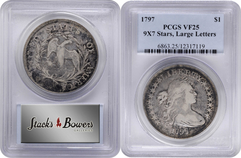1797 Draped Bust Silver Dollar. BB-73, B-1. Rarity-3. Stars 9x7, Large Letters. ...