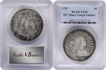 1797 Draped Bust Silver Dollar. BB-73, B-1. Rarity-3. Stars 9x7, Large Letters. VF-25 (PCGS).

This is a fully original, warmly patinated example wi...