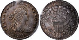 1799 Draped Bust Silver Dollar. BB-166, B-9. Rarity-1. EF Details--Scratch (PCGS).

A warmly and attractively toned example with glints of original ...