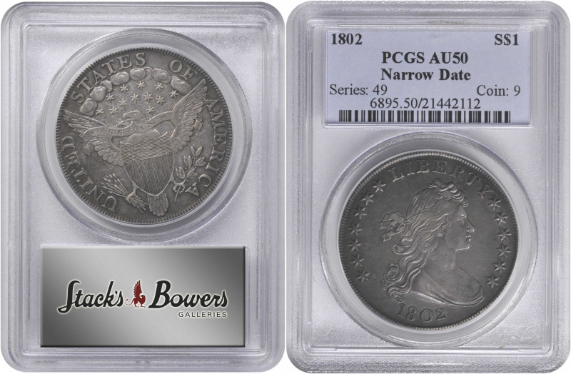 1802 Draped Bust Silver Dollar. BB-241, B-6. Rarity-1. Narrow Date. AU-50 (PCGS)...