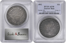 1802 Draped Bust Silver Dollar. BB-241, B-6. Rarity-1. Narrow Date. AU-50 (PCGS).

This handsome piece exhibits blended antique gold and powder blue...