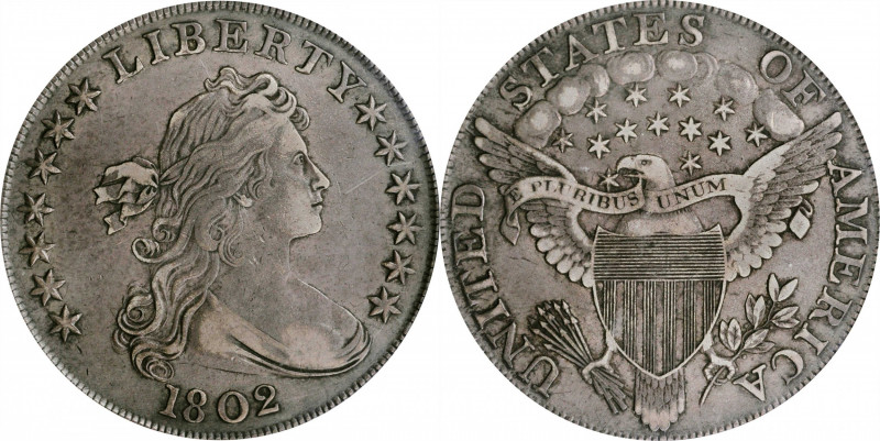 1802 Draped Bust Silver Dollar. BB-241, B-6. Rarity-1. Narrow Date. VF-30 (PCGS)...