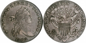 1802 Draped Bust Silver Dollar. BB-241, B-6. Rarity-1. Narrow Date. VF-30 (PCGS). CAC.

Lightly toned, mostly silver-gray surfaces also reveal some ...