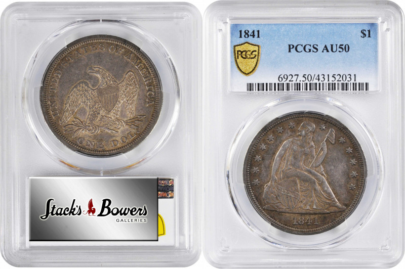 1841 Liberty Seated Silver Dollar. OC-1. Rarity-1. Repunched Date. AU-50 (PCGS)....