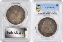 1841 Liberty Seated Silver Dollar. OC-1. Rarity-1. Repunched Date. AU-50 (PCGS).

A richly original example dressed in blended tobacco-brown and pew...