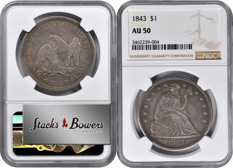 1843 Liberty Seated Silver Dollar. OC-1. Rarity-1. Repunched Date. AU-50 (NGC)....