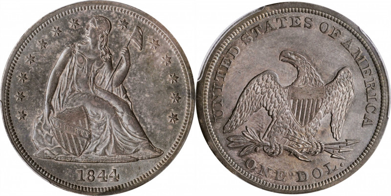 1844 Liberty Seated Silver Dollar. OC-1. Rarity-2. Misplaced Date, Doubled Die O...