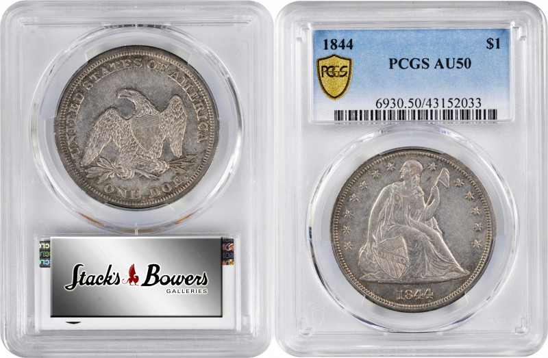 1844 Liberty Seated Silver Dollar. OC-1. Rarity-2. Misplaced Date, Doubled Die O...