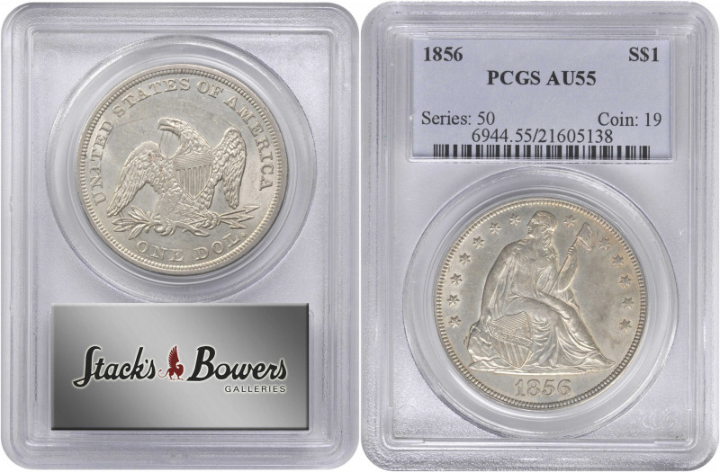 1856 Liberty Seated Silver Dollar. OC-1, the only known dies. Rarity-2. Repunche...