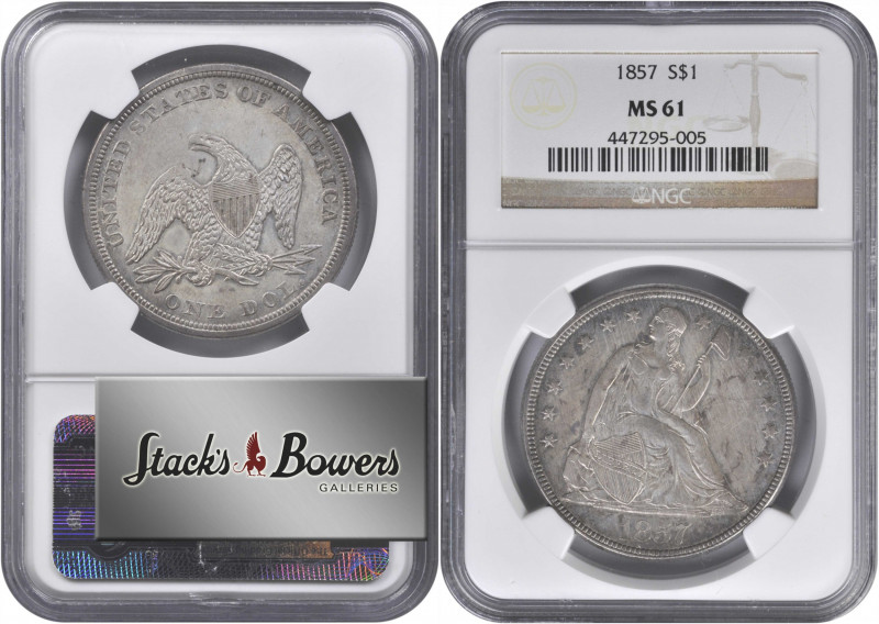 1857 Liberty Seated Silver Dollar. OC-2. Rarity-3. MS-61 (NGC).

Warmly toned ...