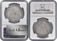 1857 Liberty Seated Silver Dollar. OC-2. Rarity-3. MS-61 (NGC).

Warmly toned in dominant sandy-silver, intermingled blue-gray and pale russet highl...