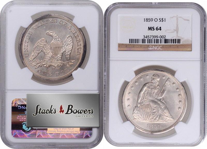 1859-O Liberty Seated Silver Dollar. OC-1. Rarity-1. MS-64 (NGC).

A generally...