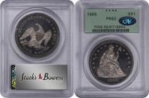 1865 Liberty Seated Silver Dollar. Proof-62 (PCGS). CAC. OGH.

Sultry, satiny silver gray devices and deeply reflective fields display an even layer...