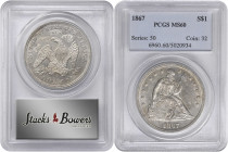 1867 Liberty Seated Silver Dollar. OC-1, Top 30 Variety. Rarity-2. Repunched Date, Large/Small Date. MS-60 (PCGS).

Brilliant apart from a few wisps...