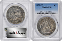 1870-CC Liberty Seated Silver Dollar. OC-1. Rarity-4-. AU-50 (PCGS).

Iridescent silver-olive toning is joined by wisps of steel and golden-gray on ...