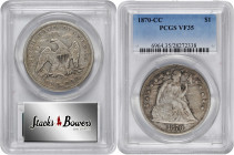 1870-CC Liberty Seated Silver Dollar. OC-9. Rarity-4-. VF-35 (PCGS).

A predominantly silver-gray example with streaks of olive-charcoal at the uppe...