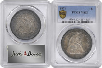 1871 Liberty Seated Silver Dollar. OC-13. Rarity-2. MS-62 (PCGS).

Richly toned surfaces are dressed in dominant golden-copper that yields to a halo...