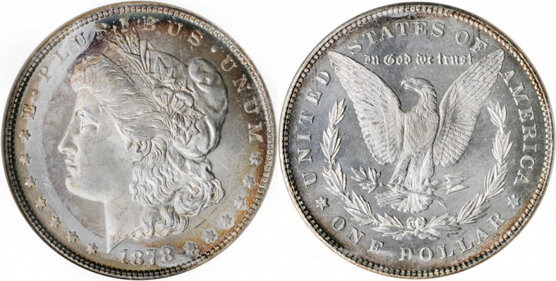 1878 Morgan Silver Dollar. 7 Tailfeathers. Reverse of 1878. MS-65 DPL (NGC). OH....