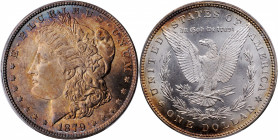 1879 Morgan Silver Dollar. MS-66 (PCGS).

This beautifully toned Gem exhibits flashes of powder blue peripheral color to otherwise dominant golden-a...