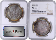 1880 Morgan Silver Dollar. MS-66+ (NGC).

A richly and vividly toned Gem dressed in multiple well blended colors. Sharply struck and highly lustrous...