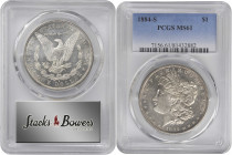 1884-S Morgan Silver Dollar. MS-61 (PCGS).

A fully lustrous, modestly prooflike example with enhancing toning in iridescent champagne-pink. Both si...