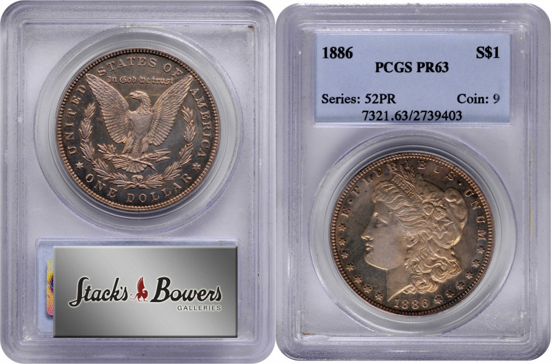 1886 Morgan Silver Dollar. Proof-63 (PCGS).

The obverse is toned in a blend o...