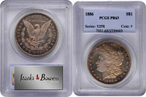 1886 Morgan Silver Dollar. Proof-63 (PCGS).

The obverse is toned in a blend of antique-gold and copper-rose patina with subtle iridescent undertone...