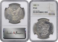 1888 Morgan Silver Dollar. Proof-64 (NGC).

Lightly toned in various smoky-silver shades, direct lighting calls forth more vivid undertones of gold ...
