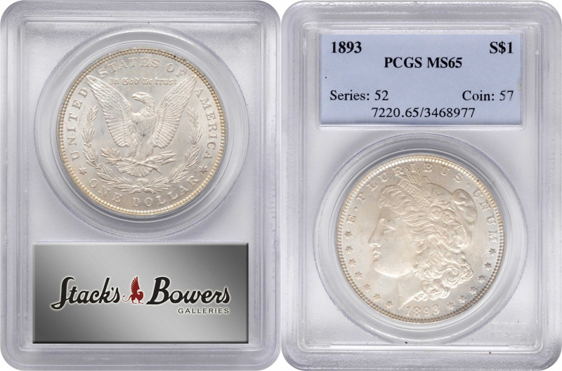 1893 Morgan Silver Dollar. MS-65 (PCGS).

Soft sandy-silver toning blankets bo...