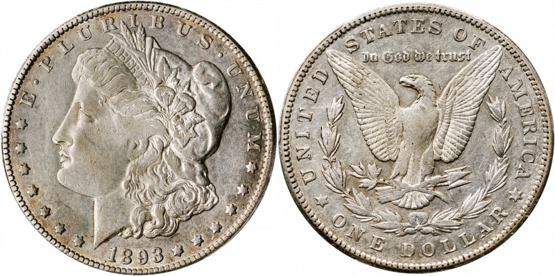 1893-CC Morgan Silver Dollar. AU-53 (PCGS).

Virtually untoned silver-gray sur...