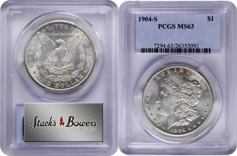 1904-S Morgan Silver Dollar. MS-63 (PCGS).

This beautiful snow-white specimen...