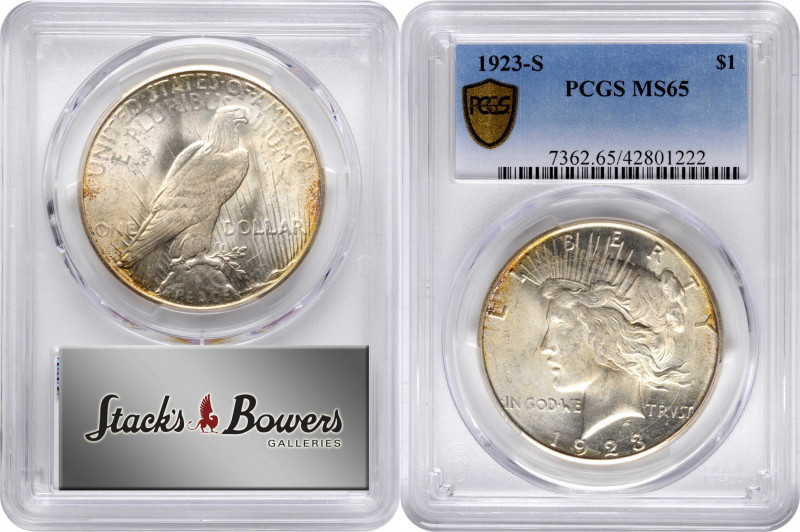 1923-S Peace Silver Dollar. MS-65 (PCGS).

Boldly lustrous, satiny surfaces ex...