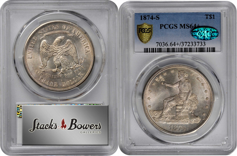 1874-S Trade Dollar. MS-64+ (PCGS). CAC.

Dusted with iridescent golden-aprico...