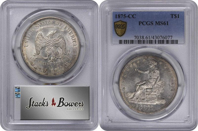 1875-CC Trade Dollar. Type I/I. MS-61 (PCGS).

Light lavender-gray and russet ...