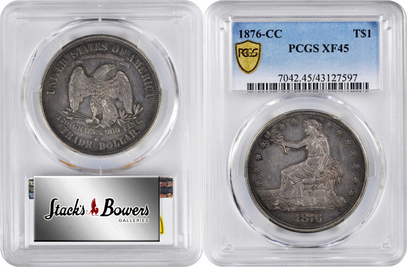 1876-CC Trade Dollar. Type I/I. EF-45 (PCGS).

Pleasing dove and olive-gray pa...