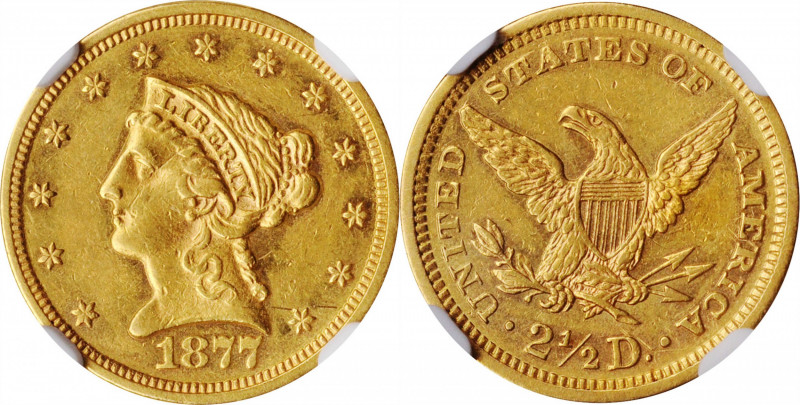 1877 Liberty Head Quarter Eagle. AU-55 (NGC).

Light yellow gold surfaces are ...