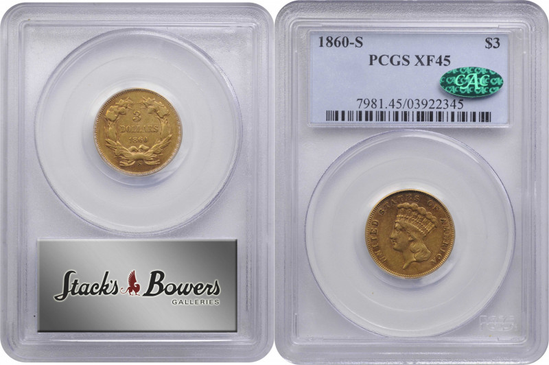 1860-S Three-Dollar Gold Piece. EF-45 (PCGS). CAC.

Warm orange-gold patina bl...