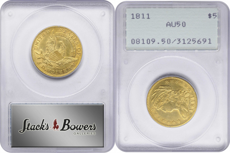 1811 Capped Bust Left Half Eagle. BD-2. Rarity-3. Small 5. AU-50 (PCGS). OGH--Fi...