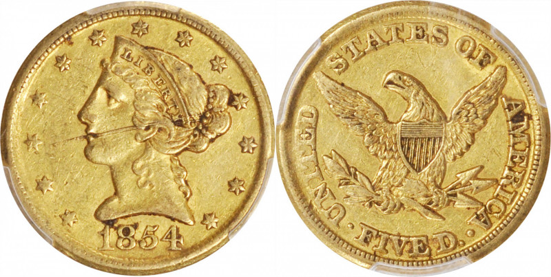 1854-D Liberty Head Half Eagle. Winter 31-T. Weak D. EF Details--Scratch (PCGS)....