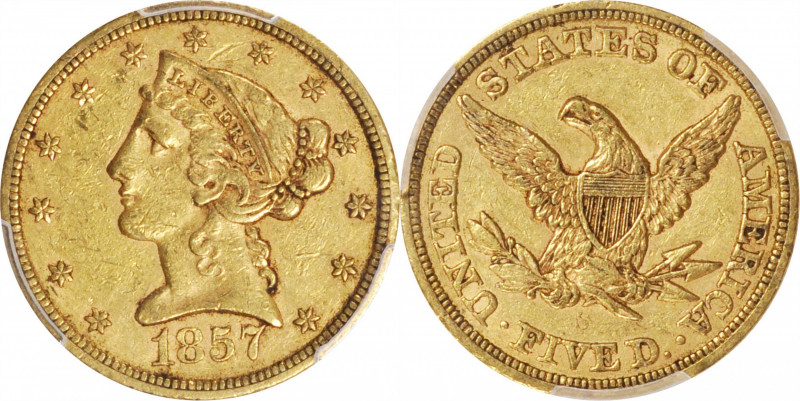 1857-S Liberty Head Half Eagle. Small S. AU-50 (PCGS).

Subtle silver highligh...