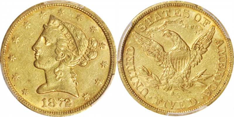 1872-S Liberty Head Half Eagle. AU-53 (PCGS).

Satin to modestly semi-reflecti...