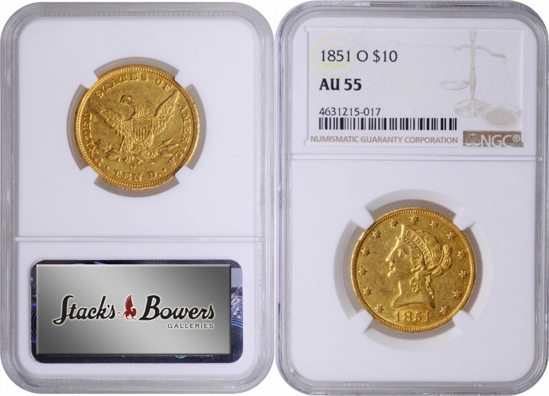 1851-O Liberty Head Eagle. Winter-2. AU-55 (NGC).

A vivid olive-orange piece ...