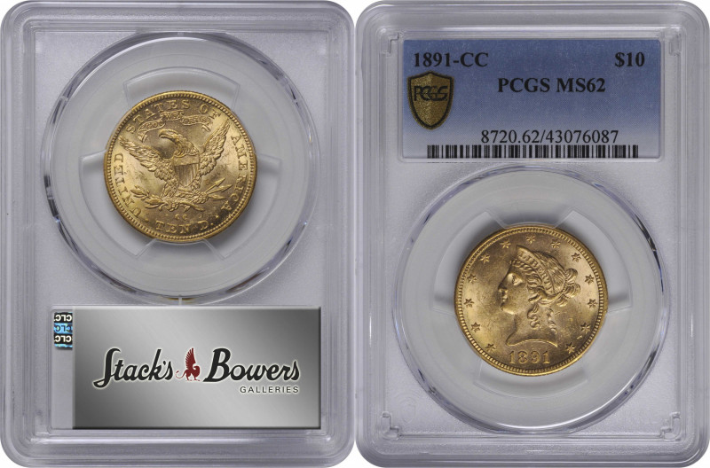 1891-CC Liberty Head Eagle. Winter 1-A. MS-62 (PCGS).

With vivid yellow-gold ...