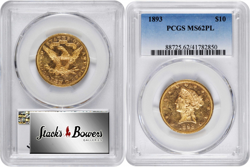 1893 Liberty Head Eagle. MS-62 PL (PCGS).

Reflective fields support satiny, s...