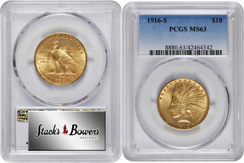 1916-S Indian Eagle. MS-63 (PCGS).

Handsome pinkish-honey surfaces are lustro...